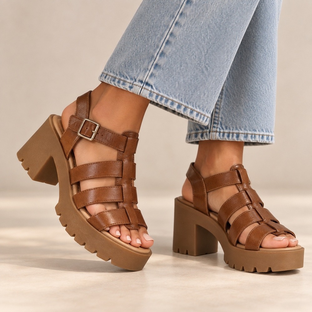 Sun + Stone Daisee Cognac Brown Lug Sole Chunky Heel Gladiator Sandals 7.5